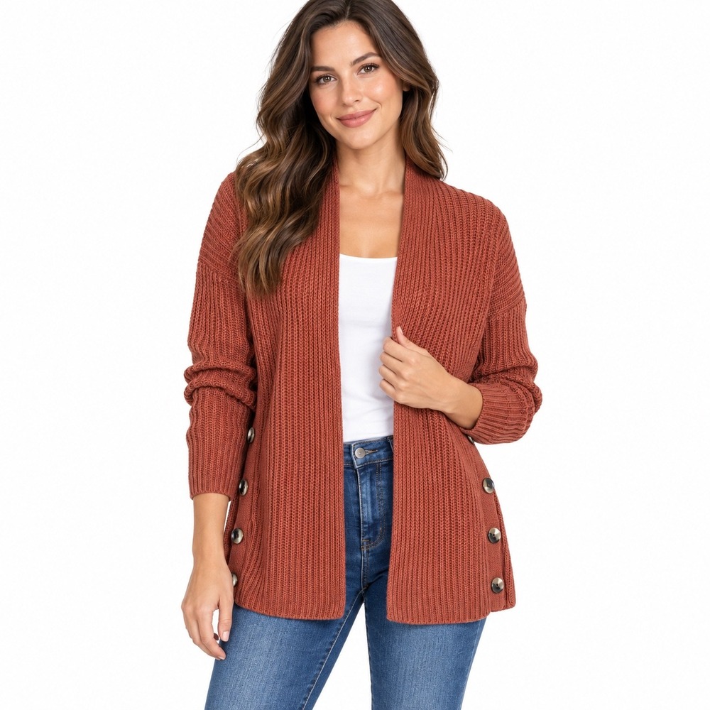 Tahari Womens Medium Rust Brown Ribbed Knit Side Button Open Front Cardigan